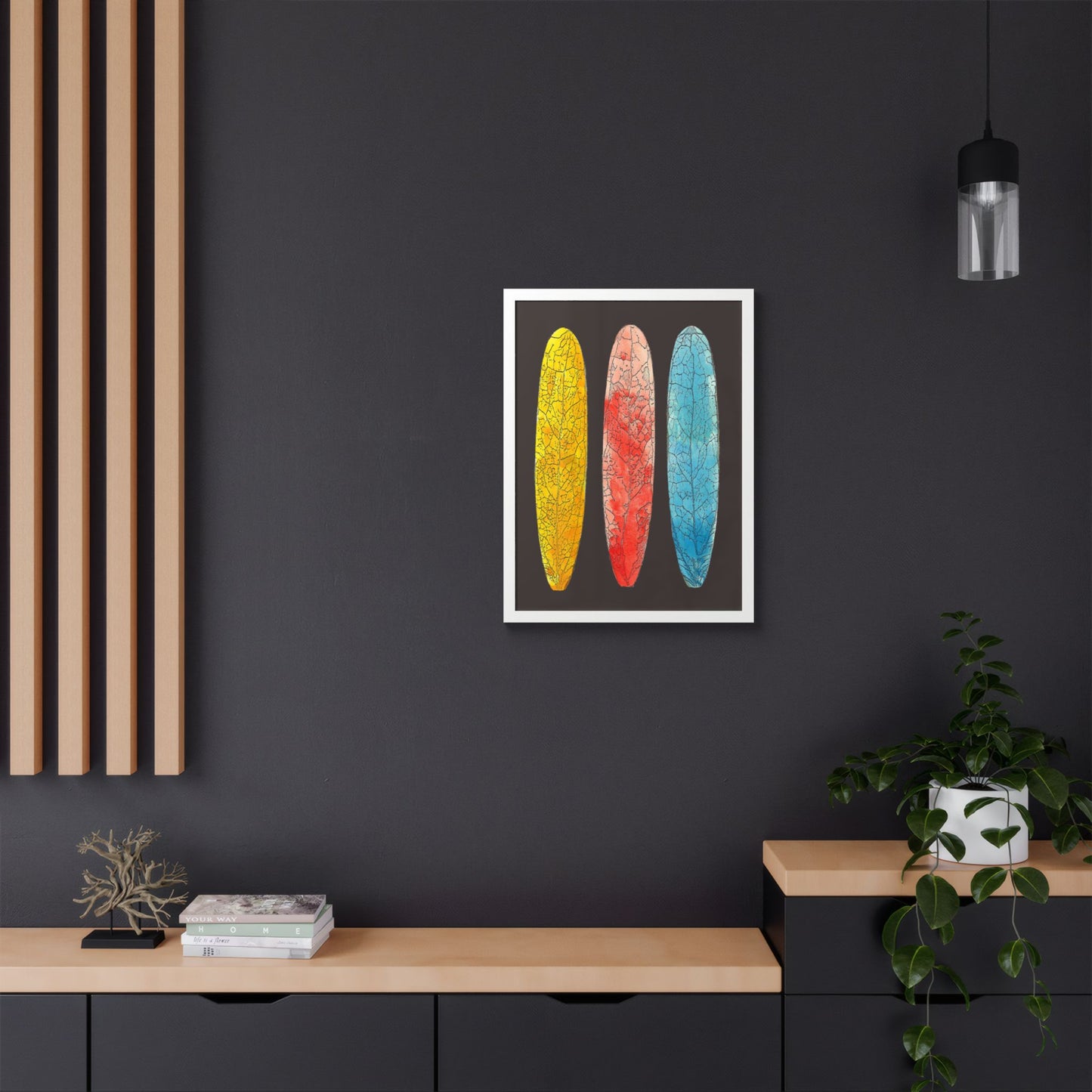 Surfboard Hand Painted Leaves Framed Poster